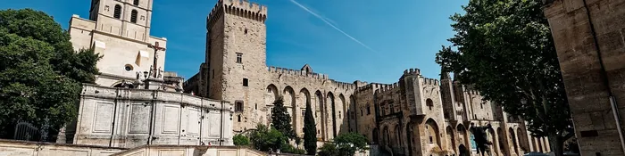 Place du Palais à Avignon, avec la cathédrale Notre-Dame-des-Doms et la façade crénelée du palais des Papes sous un ciel bleu