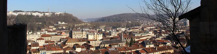Toits de tuiles de la ville basse de Bar-le-Duc et coteaux boisés de la vallée de l'Ornain vus depuis la ville haute
