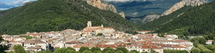 Vieille ville de Digne-les-Bains et clocher de la cathédrale Saint-Jérôme, au bord de la Bléone, sous des falaises calcaires boisées