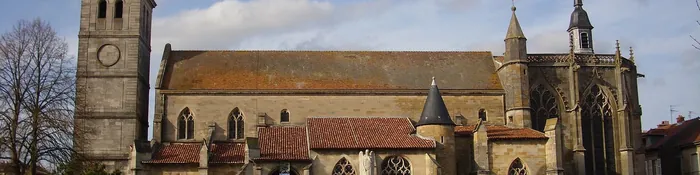 Église Saint-Martin d'Étain, clocher carré, toits de tuiles et chœur gothique flamboyant sous un ciel de fin d'hiver