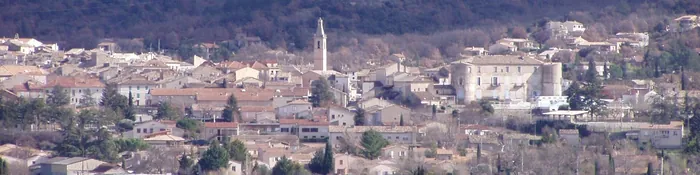 Le bourg d'Oraison en hiver, avec le clocher de l'église et le château au milieu des toits, devant une colline boisée