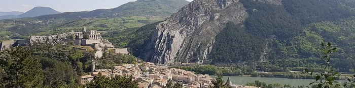 Sisteron vue du Molard : la citadelle, les toits de la vieille ville, la Durance et les strates verticales du rocher de la Baume