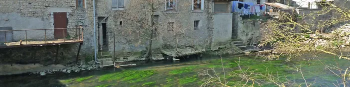 Vieilles maisons en moellons calcaires alignées au bord de la Blaise, dont l'eau claire laisse voir les herbes, à Wassy